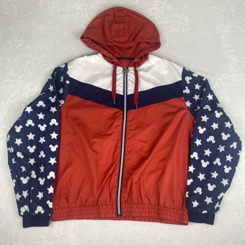 Disney Mickey Mouse Windbreaker Jacket Adult Medium Red Blue Patriotic Zip Up